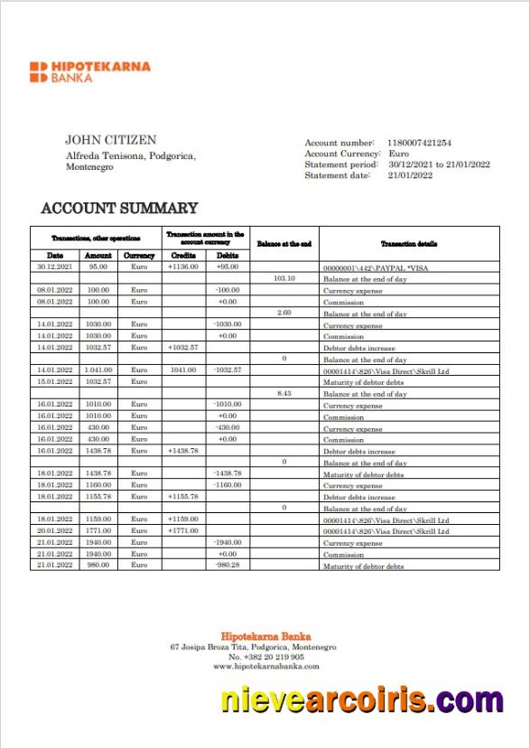 Montenegro Hipotekarna bank statement